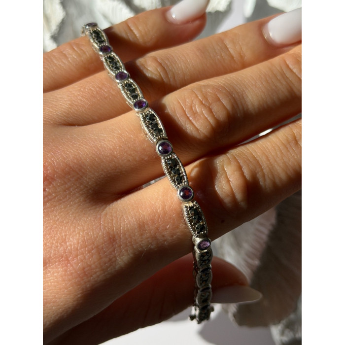 Vintage 925 Sterling Silver Amethyst & Marcasite Bracelet