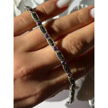 Vintage 925 Sterling Silver Amethyst & Marcasite Bracelet