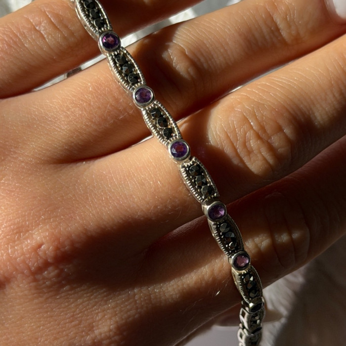 Vintage 925 Sterling Silver Amethyst & Marcasite Bracelet