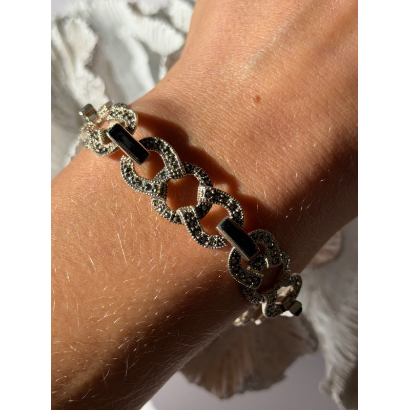 Vintage 925 Sterling Silver Onyx & Marcasite Bracelet