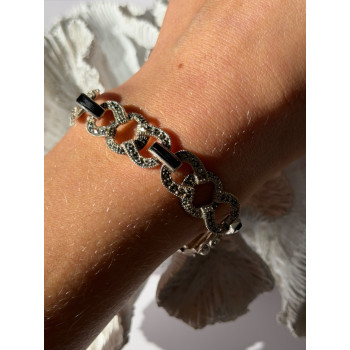 Vintage 925 Sterling Silver Onyx & Marcasite Bracelet