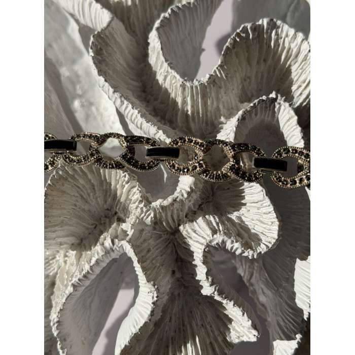 Vintage 925 Sterling Silver Onyx & Marcasite Bracelet