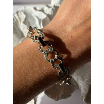 Vintage 925 Sterling Silver Onyx & Marcasite Bracelet