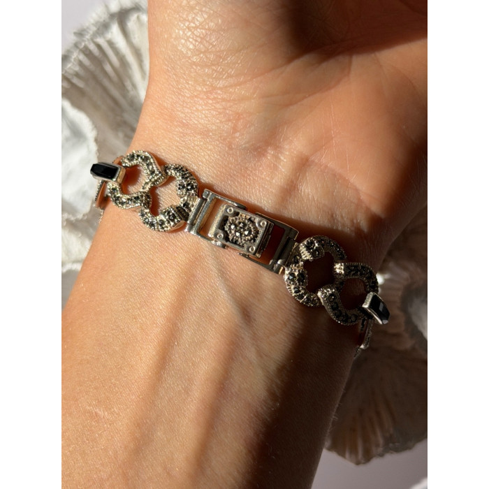 Vintage 925 Sterling Silver Onyx & Marcasite Bracelet