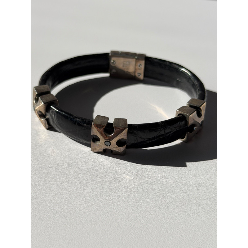 Pat Pend Leather & 925 Sterling Silver Black Agate Bracelet