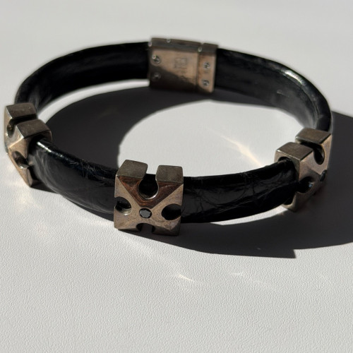 Pat Pend Leather & 925 Sterling Silver Black Agate Bracelet