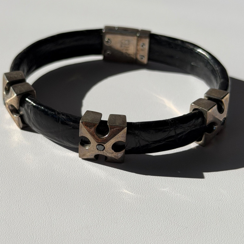 Pat Pend Leather & 925 Sterling Silver Black Agate Bracelet