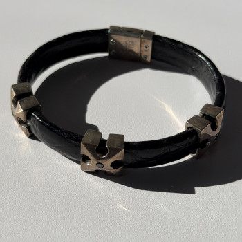 Pat Pend Leather & 925 Sterling Silver Black Agate Bracelet