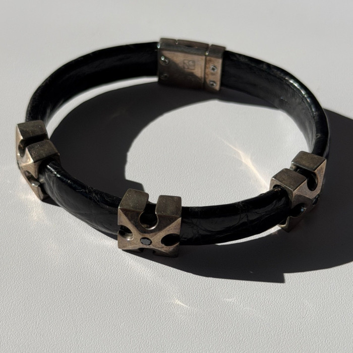 Pat Pend Leather & 925 Sterling Silver Black Agate Bracelet