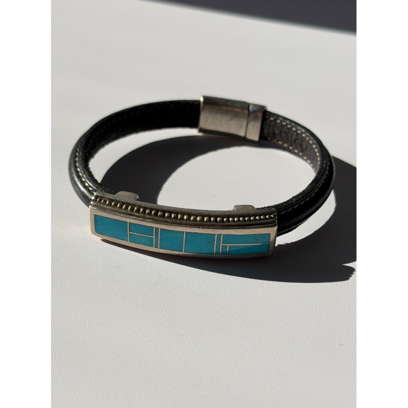 Leather & 925 Sterling Silver Turquoise Bracelet