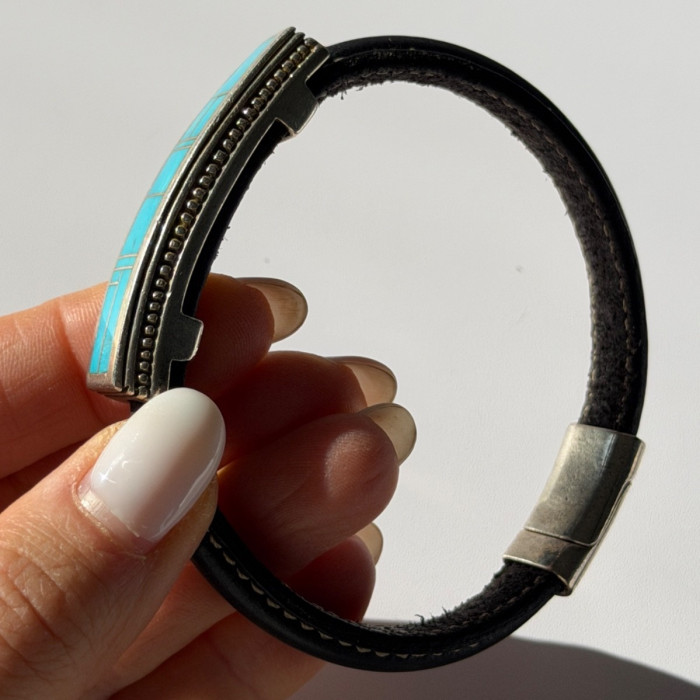 Leather & 925 Sterling Silver Turquoise Bracelet