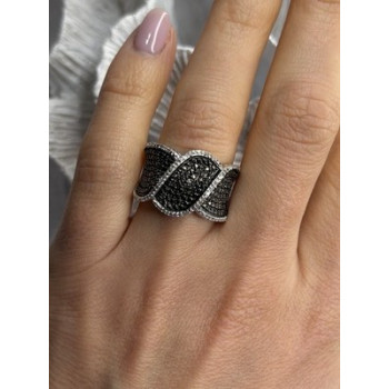 JWBR 925 Sterling Silver Black & White Diamonds Ring Size 7