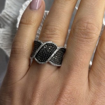 JWBR 925 Sterling Silver Black & White Diamonds Ring Size 7