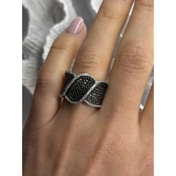 JWBR 925 Sterling Silver Black & White Diamonds Ring Size 7