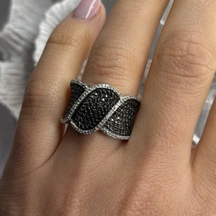 JWBR 925 Sterling Silver Black & White Diamonds Ring Size 7