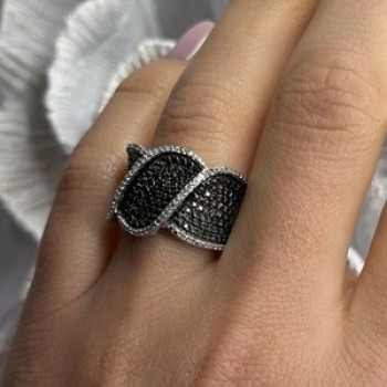 JWBR 925 Sterling Silver Black & White Diamonds Ring Size 7