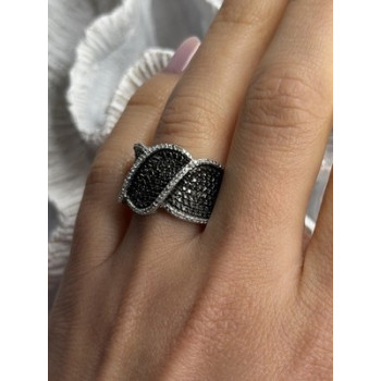 JWBR 925 Sterling Silver Black & White Diamonds Ring Size 7