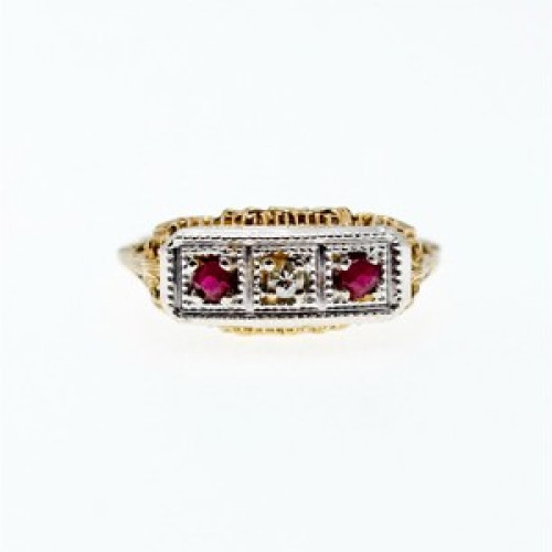 14K Yellow Gold Rubies & Diamond Ring Size 8