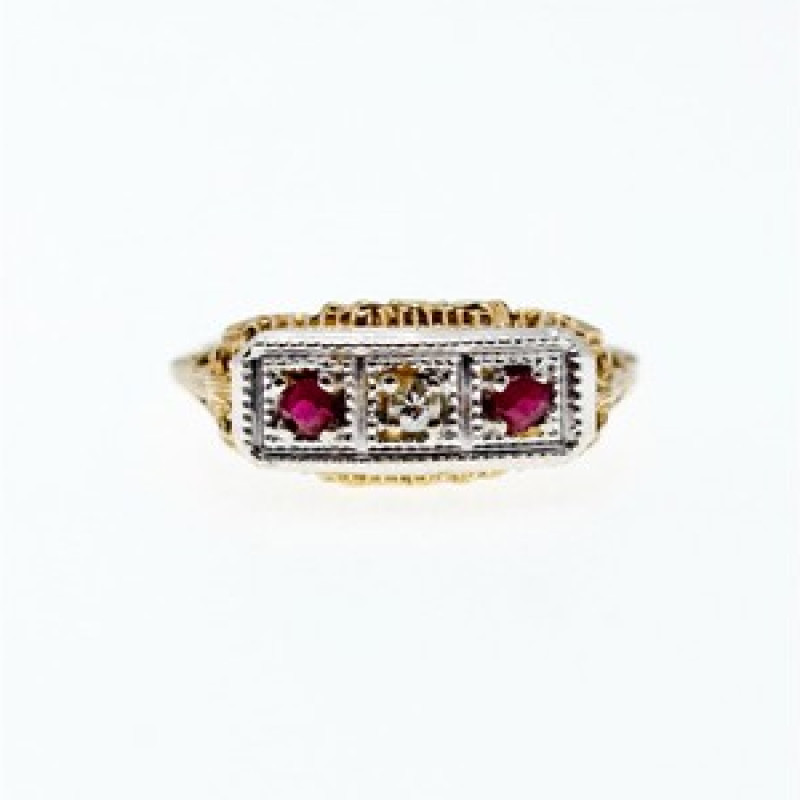 14K Yellow Gold Rubies & Diamond Ring Size 8