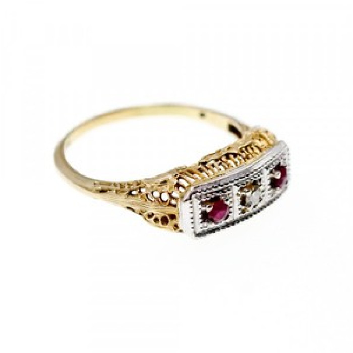 14K Yellow Gold Rubies & Diamond Ring Size 8