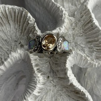 925 Sterling Silver Citrine & Opal & Beryl Ring Size 7