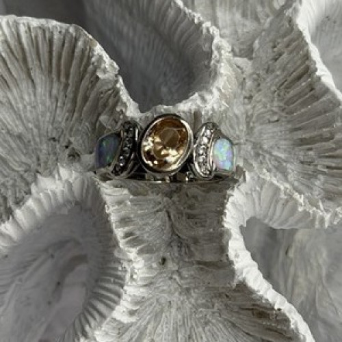 925 Sterling Silver Citrine & Opal & Beryl Ring Size 7