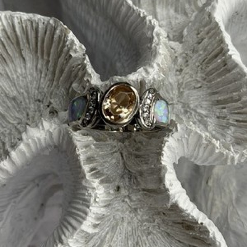 925 Sterling Silver Citrine & Opal & Beryl Ring Size 7