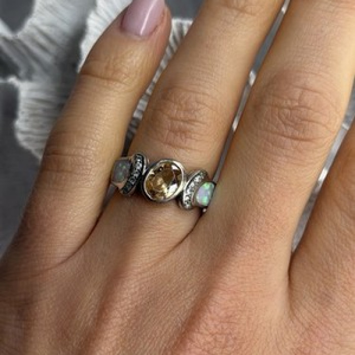 925 Sterling Silver Citrine & Opal & Beryl Ring Size 7