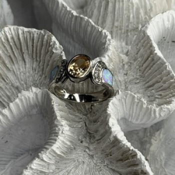 925 Sterling Silver Citrine & Opal & Beryl Ring Size 7