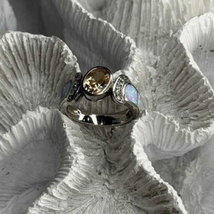 925 Sterling Silver Citrine & Opal & Beryl Ring Size 7