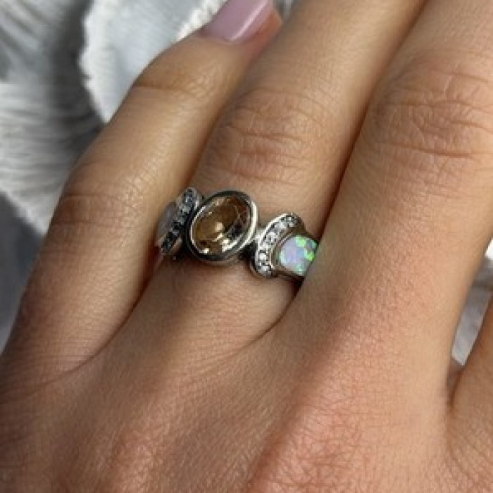 925 Sterling Silver Citrine & Opal & Beryl Ring Size 7