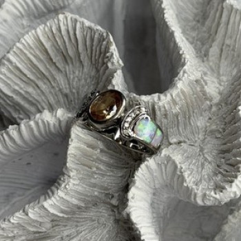 925 Sterling Silver Citrine & Opal & Beryl Ring Size 7