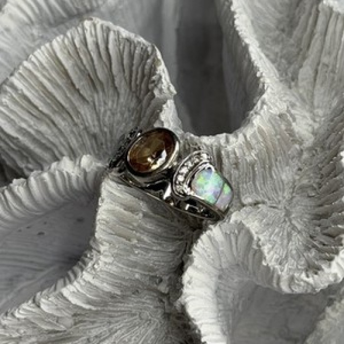 925 Sterling Silver Citrine & Opal & Beryl Ring Size 7