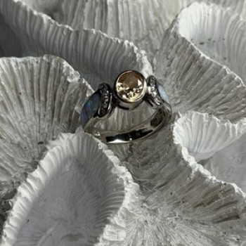 925 Sterling Silver Citrine & Opal & Beryl Ring Size 7
