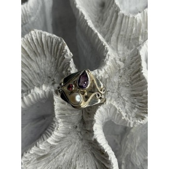 Vintage 925 Sterling Silver Pearl & Amethyst & Garnet Ring Size 7