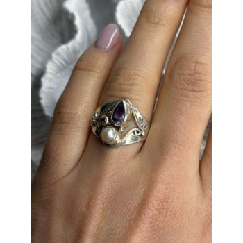Vintage 925 Sterling Silver Pearl & Amethyst & Garnet Ring Size 7