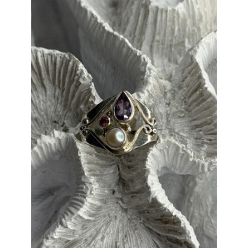 Vintage 925 Sterling Silver Pearl & Amethyst & Garnet Ring Size 7