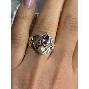 Vintage 925 Sterling Silver Pearl & Amethyst & Garnet Ring Size 7
