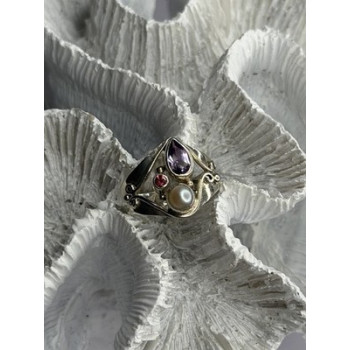 Vintage 925 Sterling Silver Pearl & Amethyst & Garnet Ring Size 7