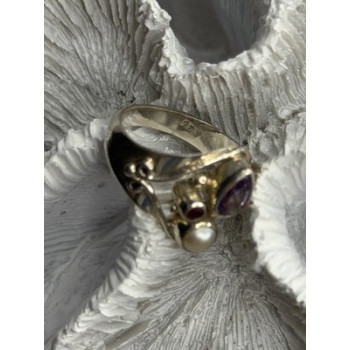 Vintage 925 Sterling Silver Pearl & Amethyst & Garnet Ring Size 7