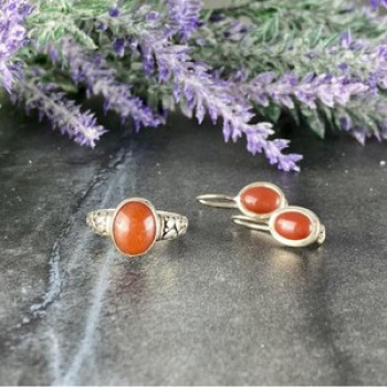 Vintage 925 Sterling Silver Dark Orange Jadeite Set