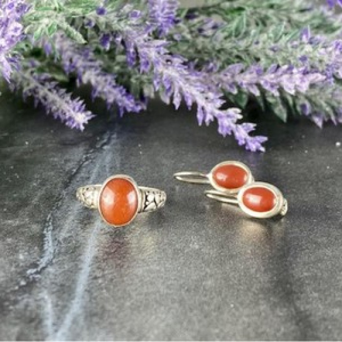 Vintage 925 Sterling Silver Dark Orange Jadeite Set