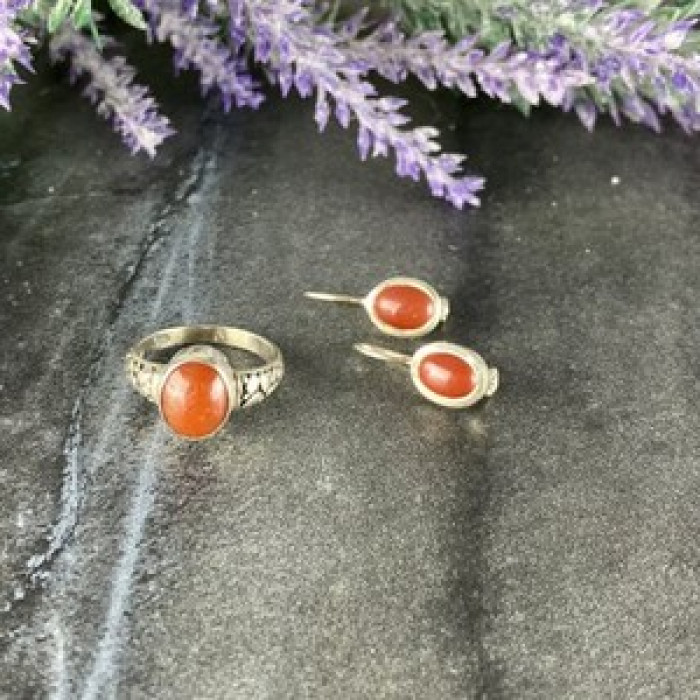 Vintage 925 Sterling Silver Dark Orange Jadeite Set