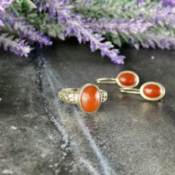 Vintage 925 Sterling Silver Dark Orange Jadeite Set
