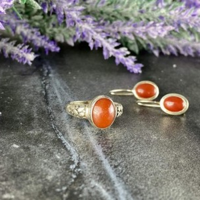 Vintage 925 Sterling Silver Dark Orange Jadeite Set