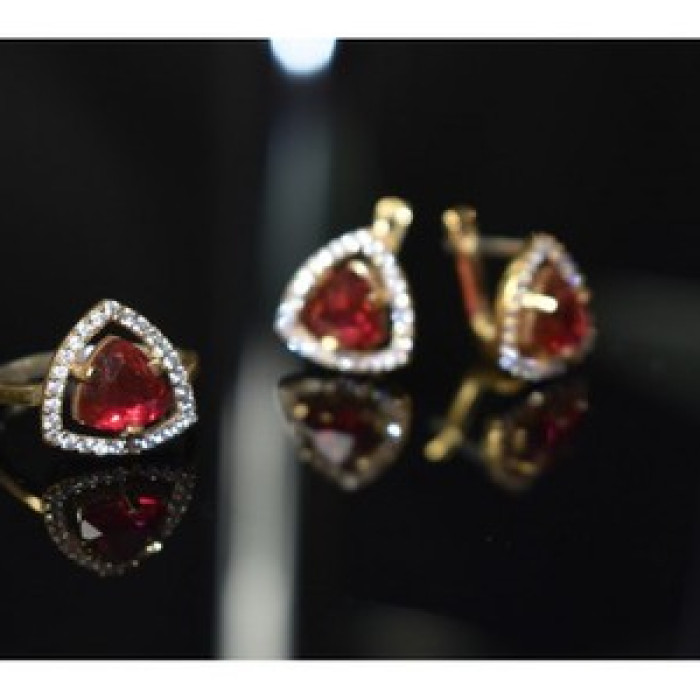 925 Sterling Silver with Gilding Red Alpanite & CZ Set
