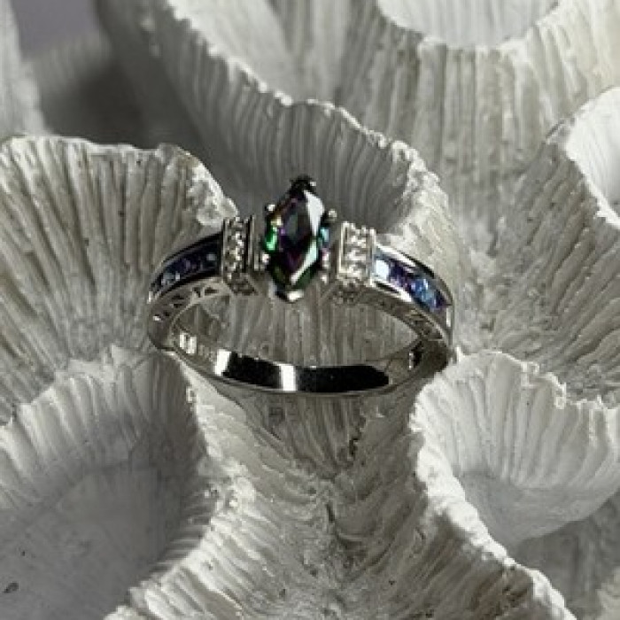 925 Sterling Silver Mystic Topaz Blue Topaz Amethyst Beryl Ring Size 10.5