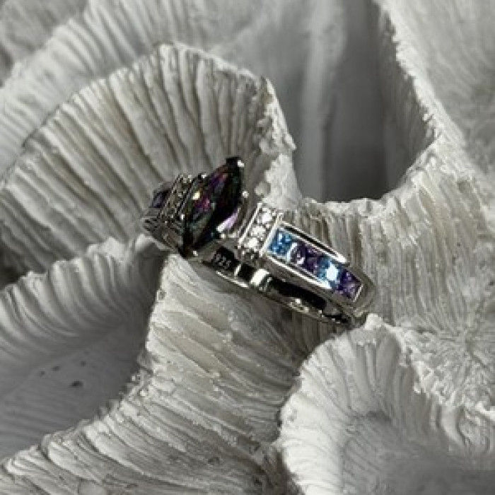 925 Sterling Silver Mystic Topaz Blue Topaz Amethyst Beryl Ring Size 10.5