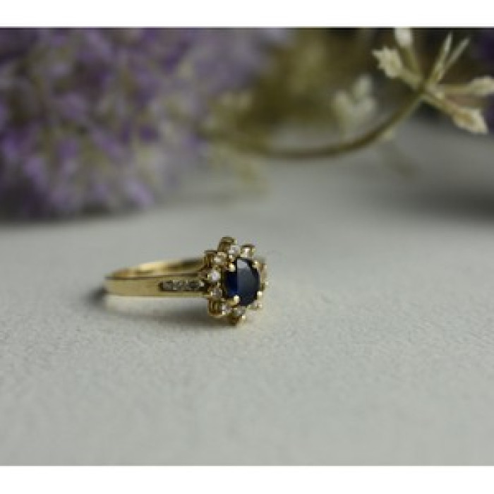 14K Yellow Gold Dark Blue Spinel & Diamonds Ring Size 5.5