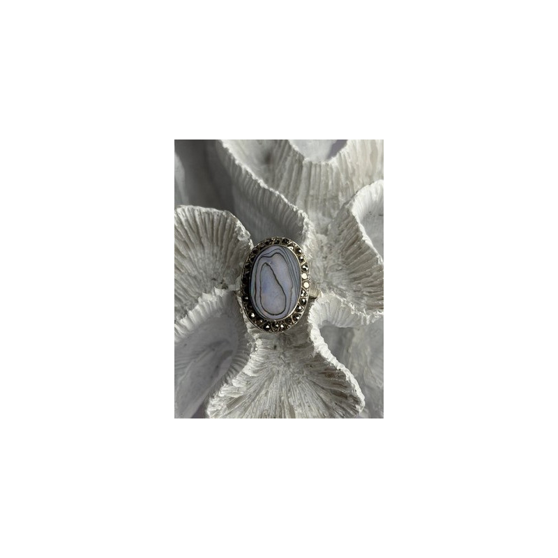 925 Sterling Silver Abalone & Marcasite Ring Size 9